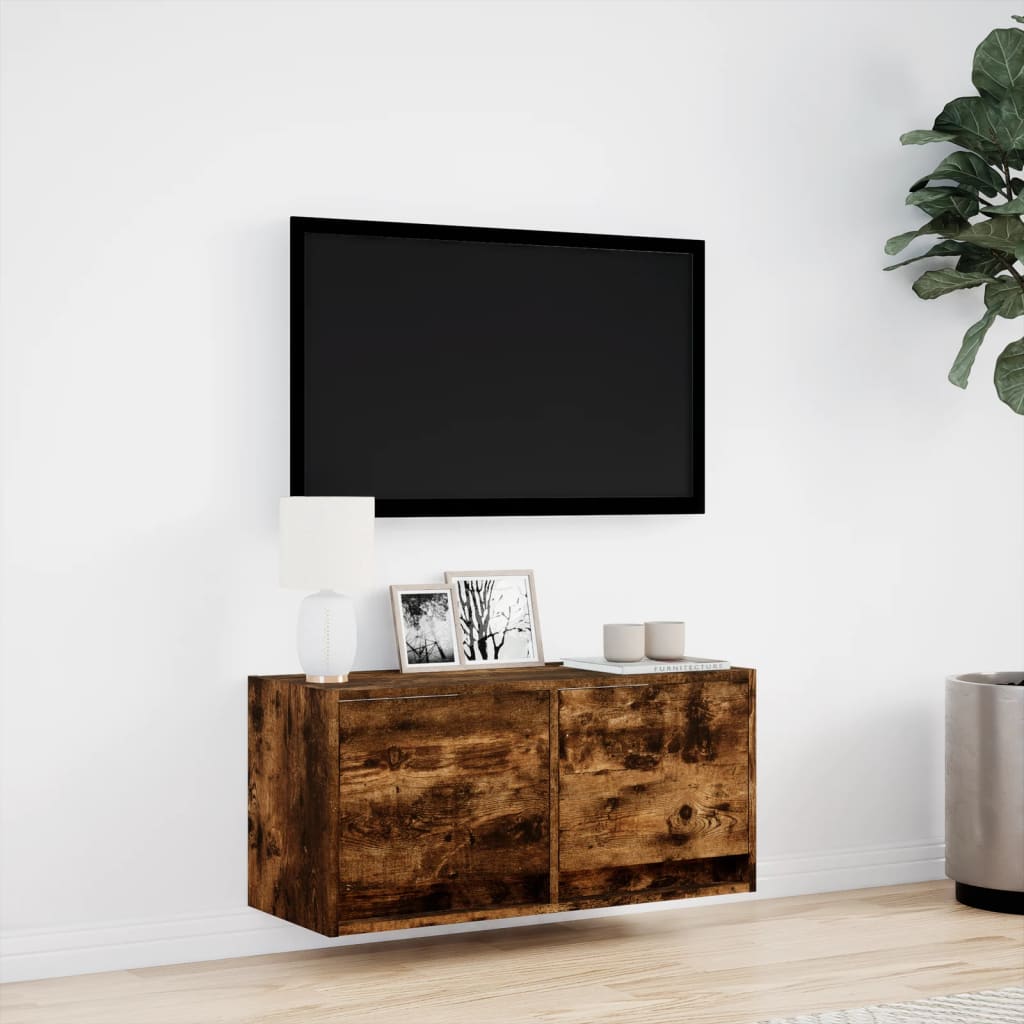Wall-mounted TV Cabinet with LED Lights, Smoked Glass, 80x31x35cm