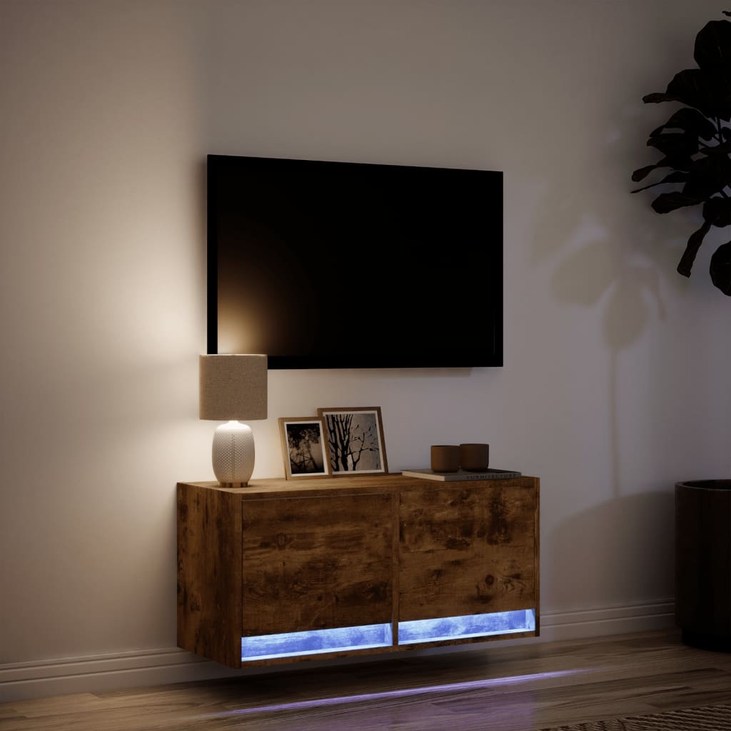 Wall-mounted TV Cabinet with LED Lights, Smoked Glass, 80x31x35cm