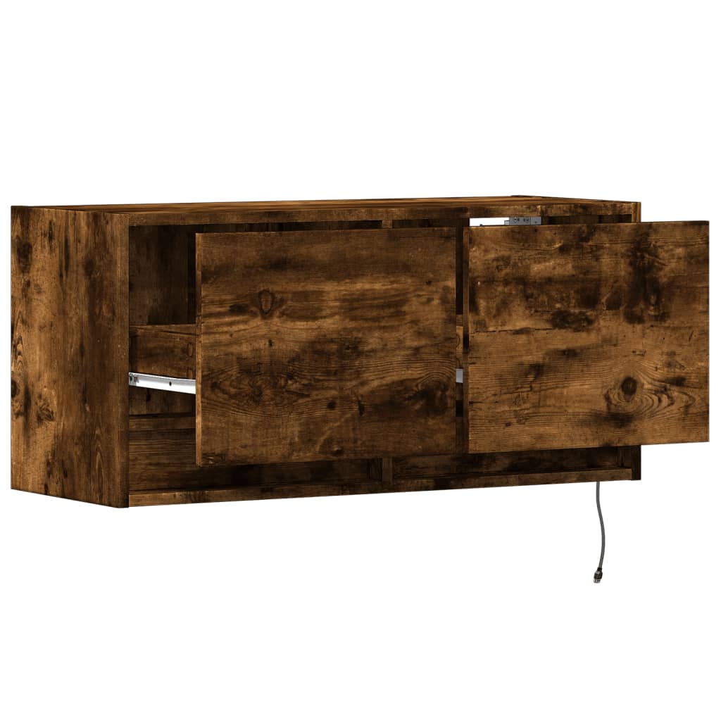 Wall-mounted TV Cabinet with LED Lights, Smoked Glass, 80x31x35cm