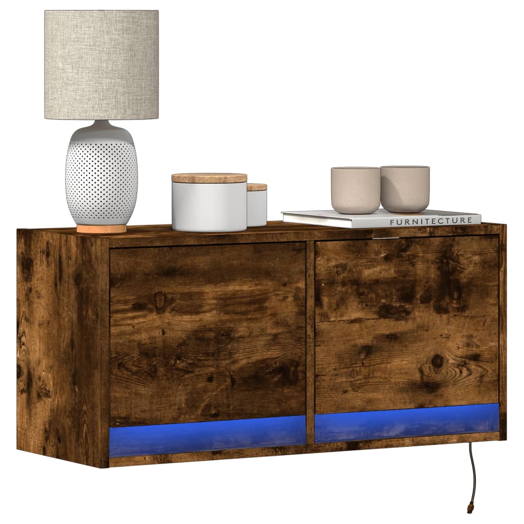 Wall-mounted TV Cabinet with LED Lights, Smoked Glass, 80x31x35cm