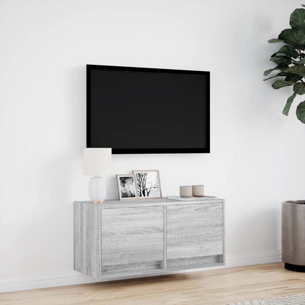 Pie sienas stiprināms TV skapītis ar LED gaismām, pelēks, 80x31x35 cm