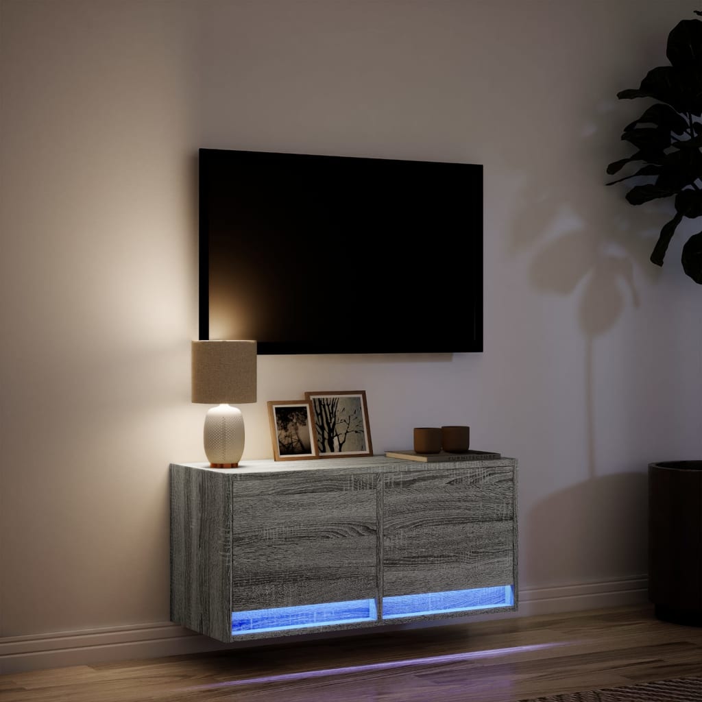 Pie sienas stiprināms TV skapītis ar LED gaismām, pelēks, 80x31x35 cm