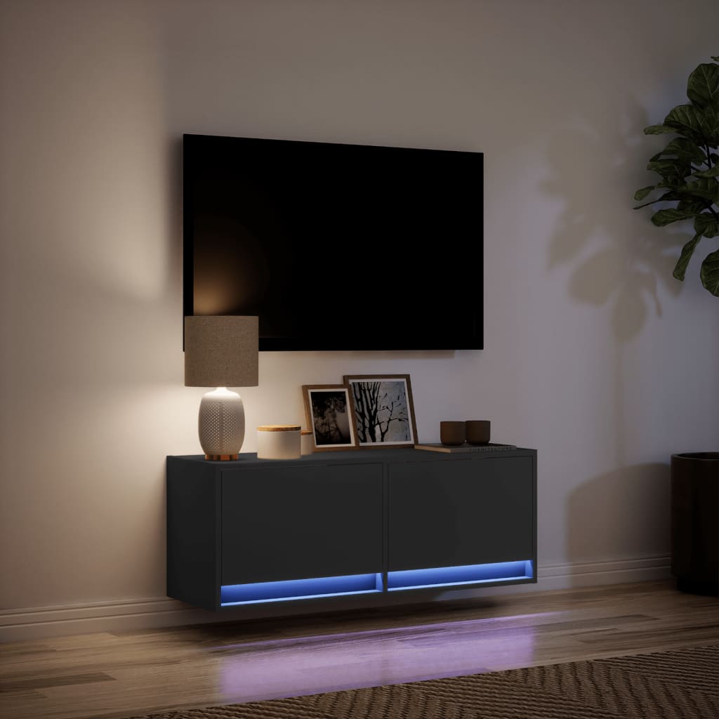 Sieninė TV spintelė su LED lemputėmis, juoda, 100x31x35cm