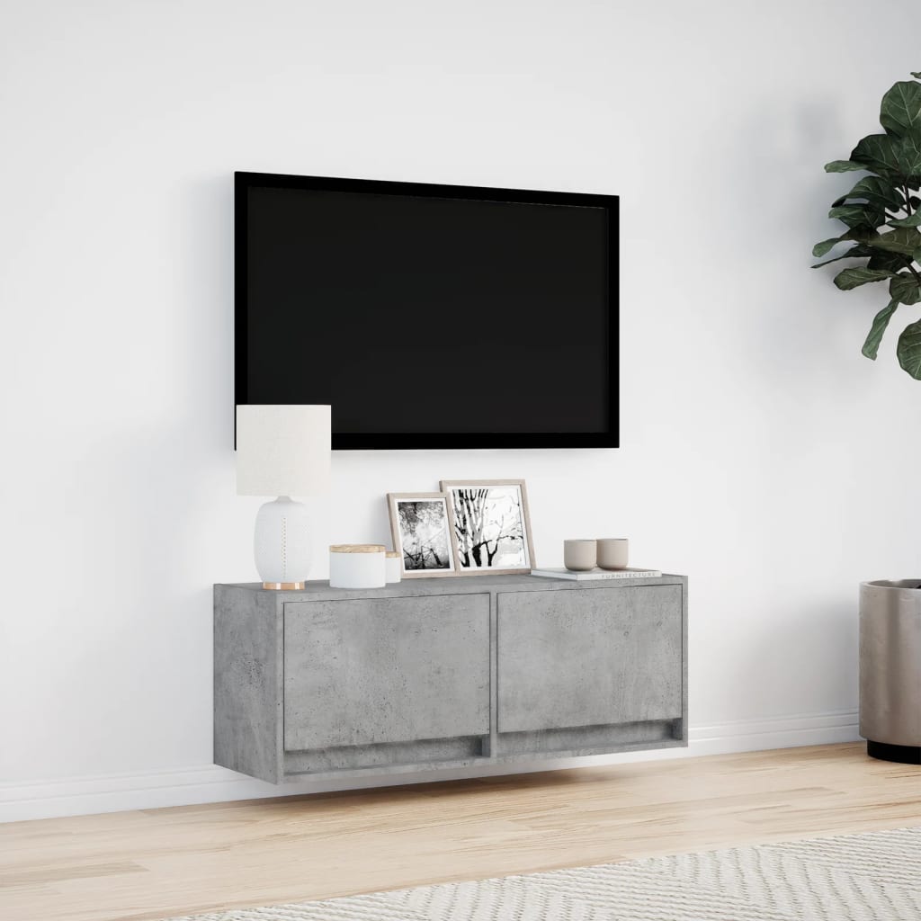 Sieninė TV spintelė su LED lemputėmis, betono, 100x31x35cm