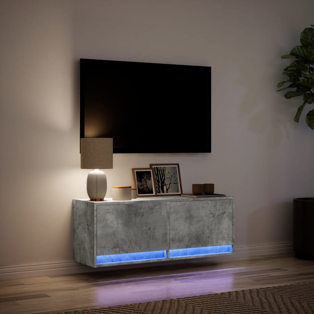 Sieninė TV spintelė su LED lemputėmis, betono, 100x31x35cm