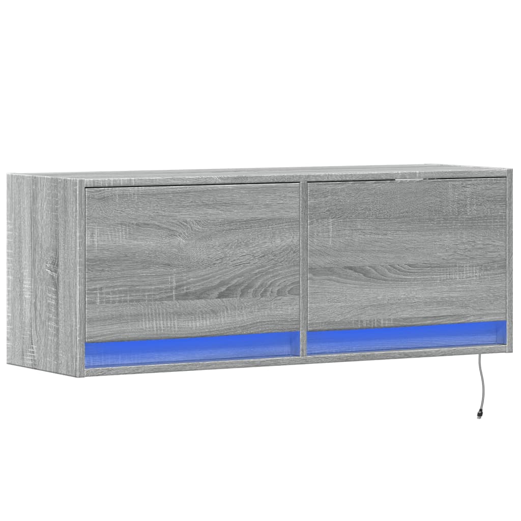 Sieninė TV spintelė su LED lemputėmis, pilka, 100x31x35cm