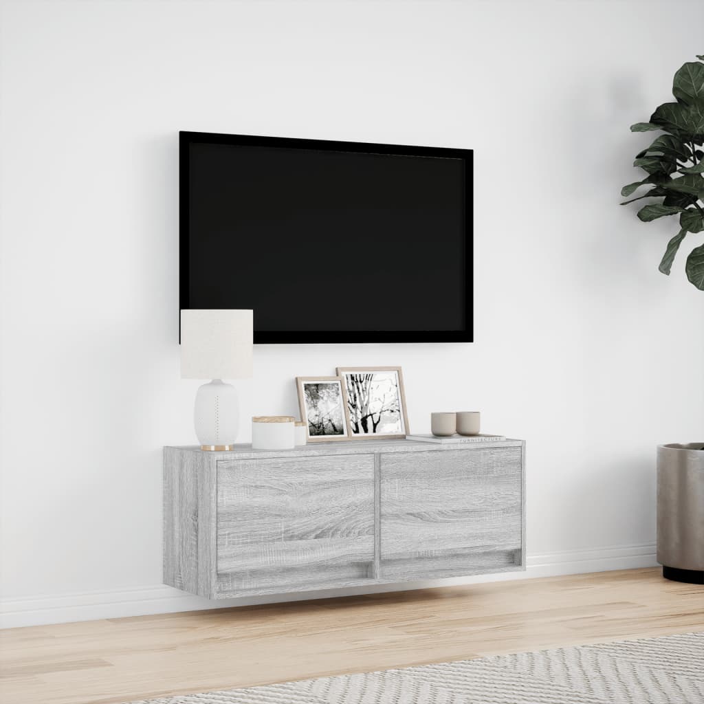 Sieninė TV spintelė su LED lemputėmis, pilka, 100x31x35cm