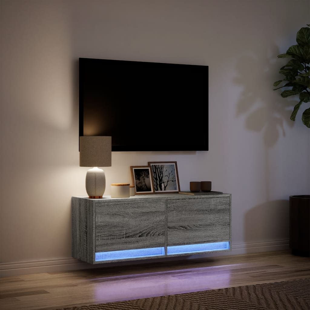 Sieninė TV spintelė su LED lemputėmis, pilka, 100x31x35cm