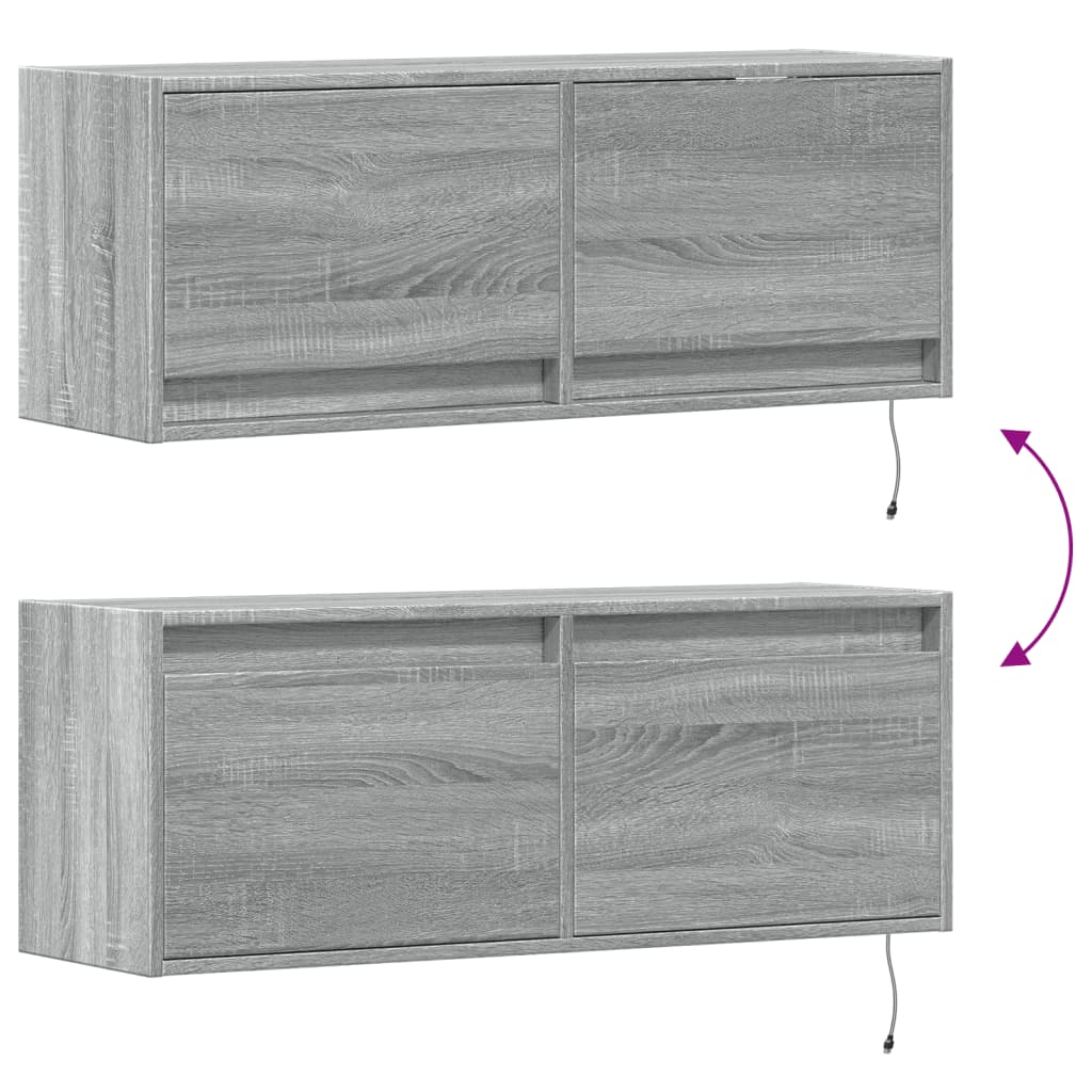 Sieninė TV spintelė su LED lemputėmis, pilka, 100x31x35cm