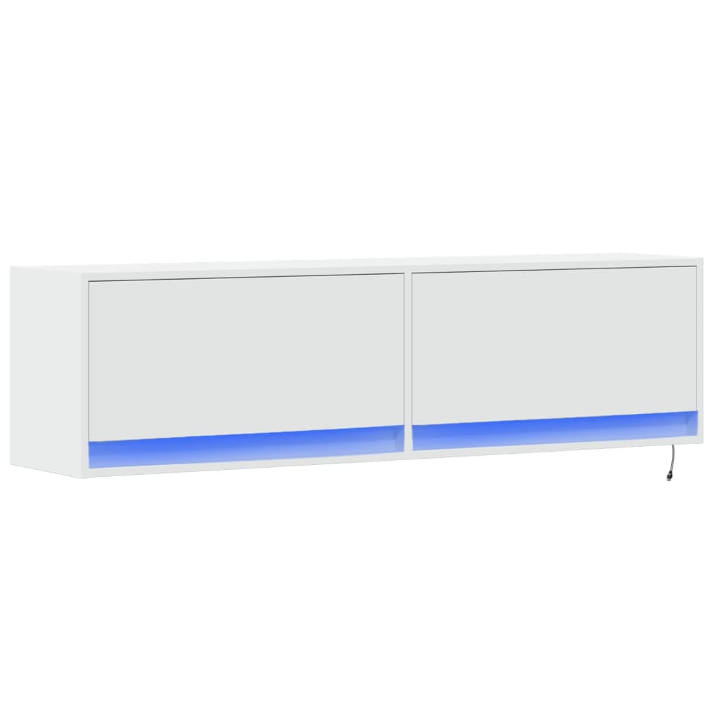 Sieninė TV spintelė su LED lemputėmis, balta, 140x31x38cm