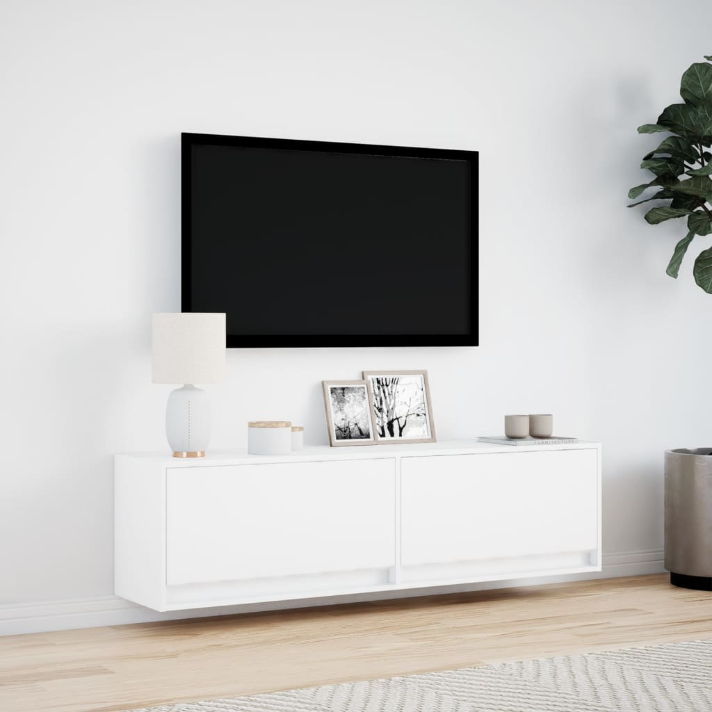Sieninė TV spintelė su LED lemputėmis, balta, 140x31x38cm