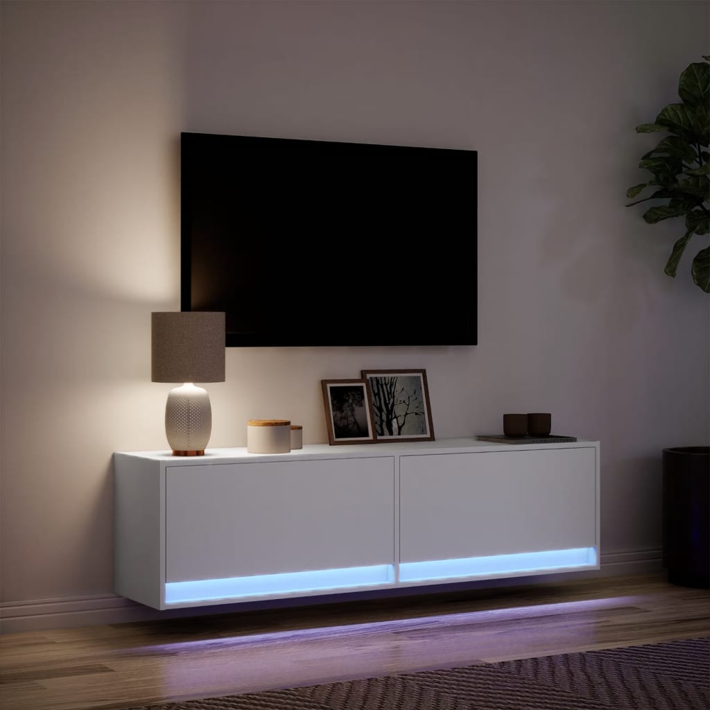Sieninė TV spintelė su LED lemputėmis, balta, 140x31x38cm