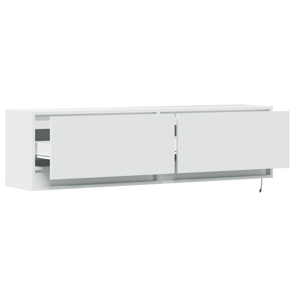 Sieninė TV spintelė su LED lemputėmis, balta, 140x31x38cm
