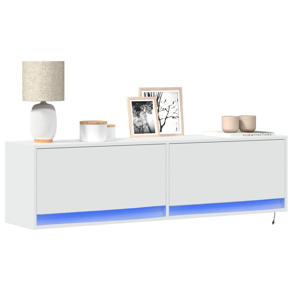 Sieninė TV spintelė su LED lemputėmis, balta, 140x31x38cm