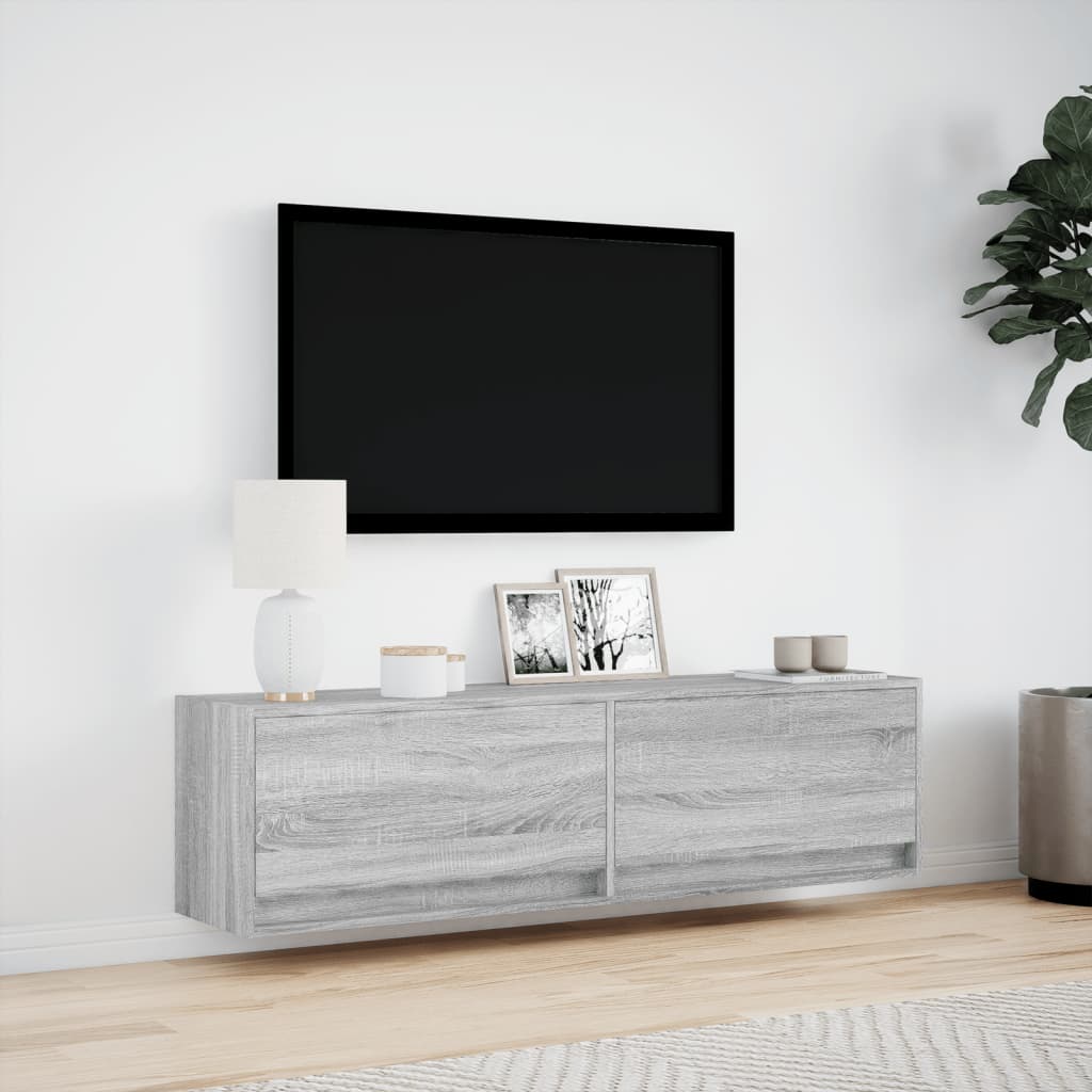 Sieninė TV spintelė su LED lemputėmis, pilka, 140x31x38cm