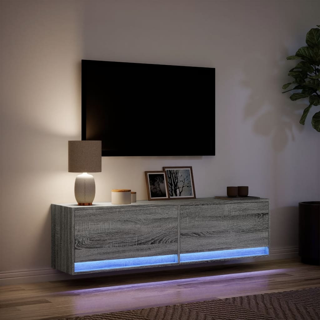 Sieninė TV spintelė su LED lemputėmis, pilka, 140x31x38cm