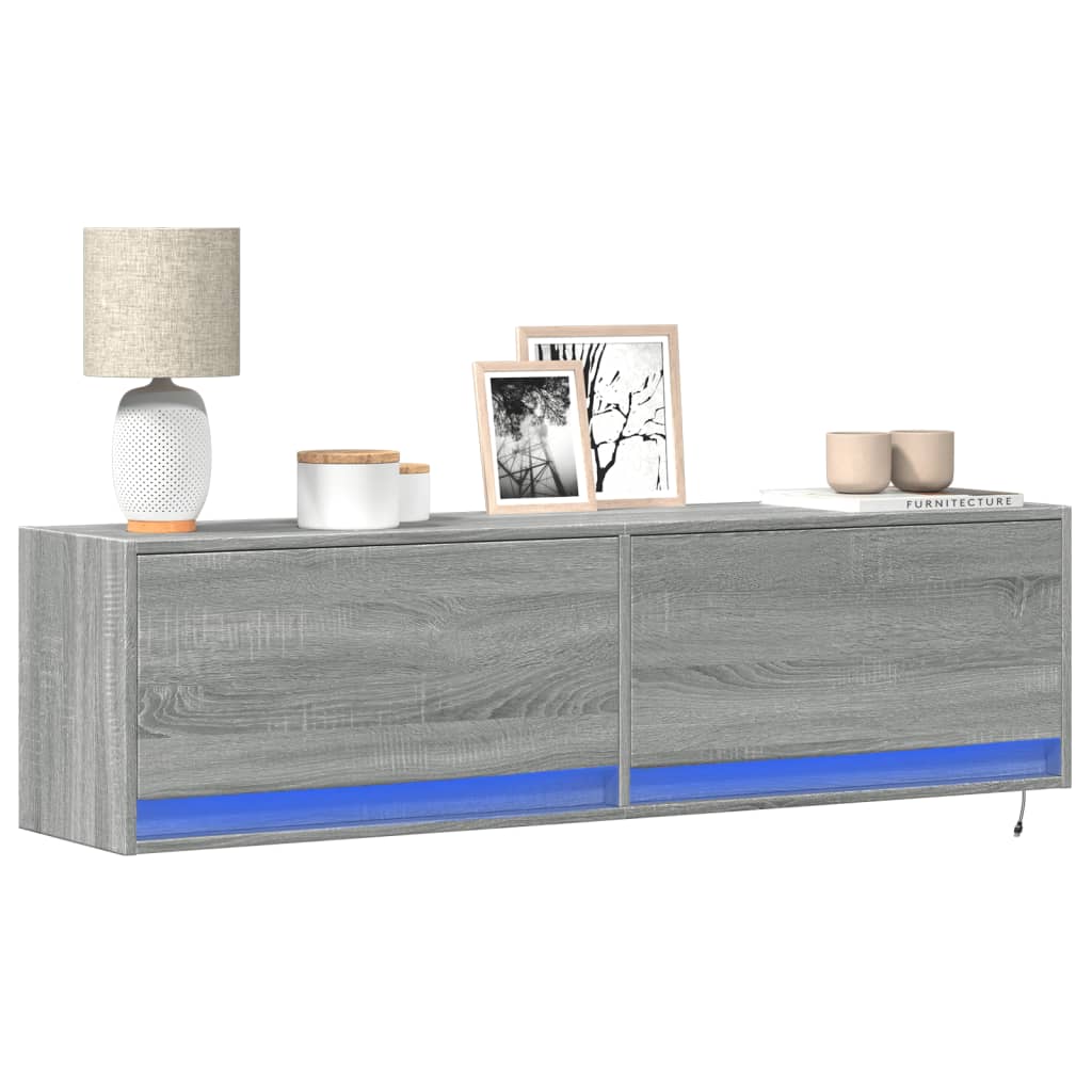 Sieninė TV spintelė su LED lemputėmis, pilka, 140x31x38cm