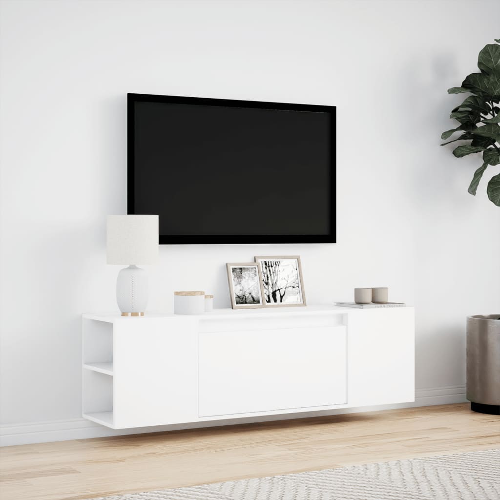 Pie sienas stiprināms TV skapītis ar LED gaismām, balts, 135x31x39,5 cm