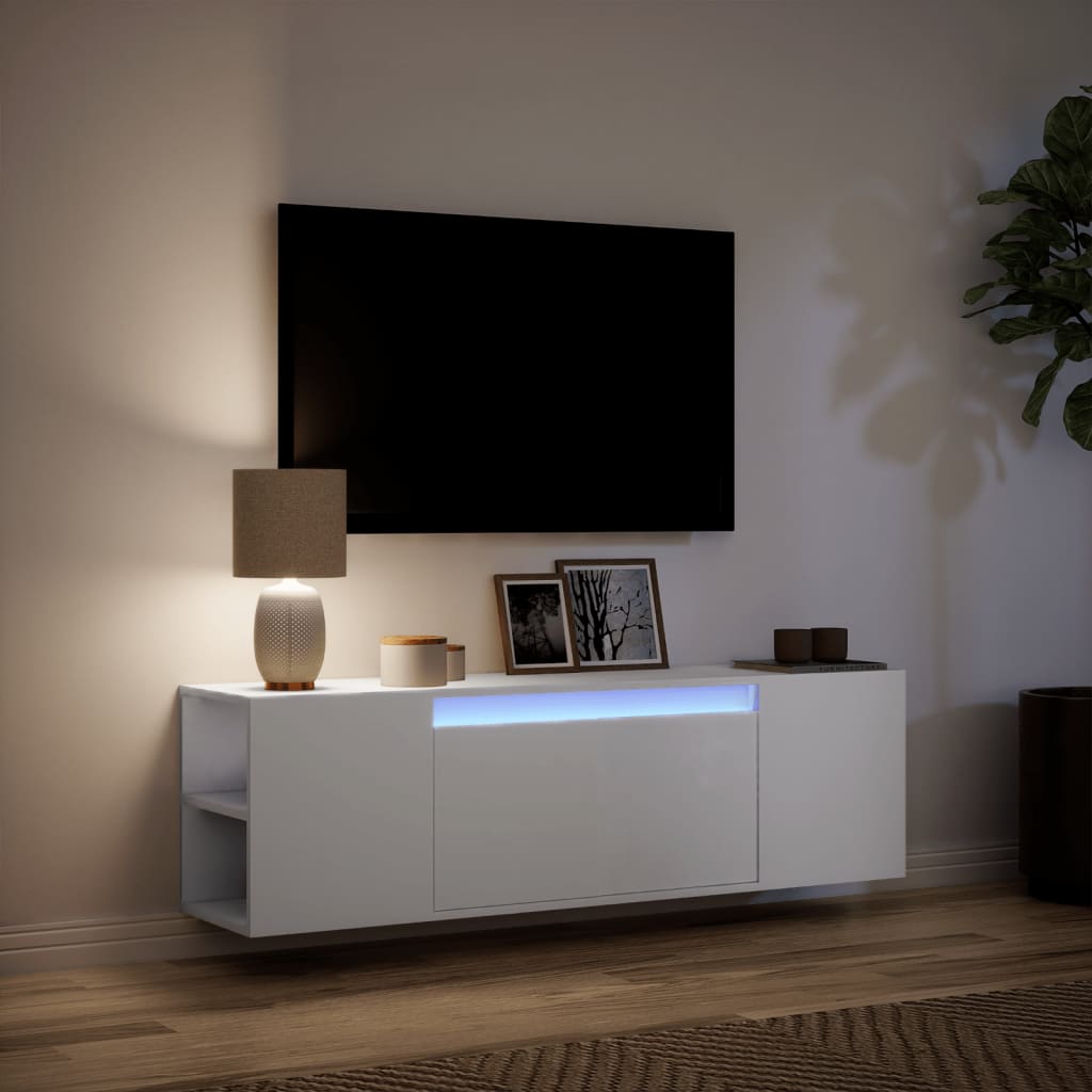 Pie sienas stiprināms TV skapītis ar LED gaismām, balts, 135x31x39,5 cm