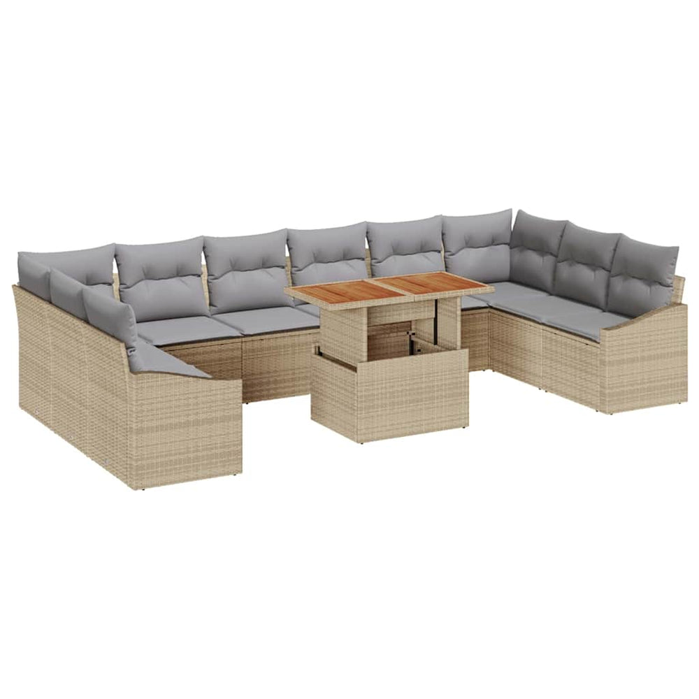 11-piece Garden Dining Set with Cushions, Sand Brown Poly Rattan, Acacia