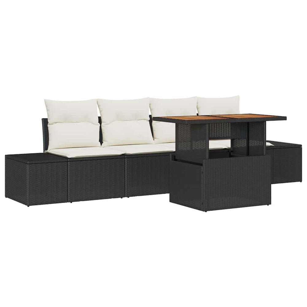 5-piece Garden Dining Set with Cushions Black Poly Rattan and Acacia