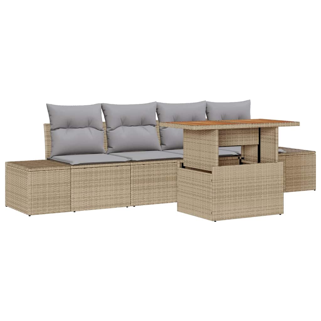 5-piece Garden Dining Set with Cushions, Light Beige Poly Rattan, Acacia Wood