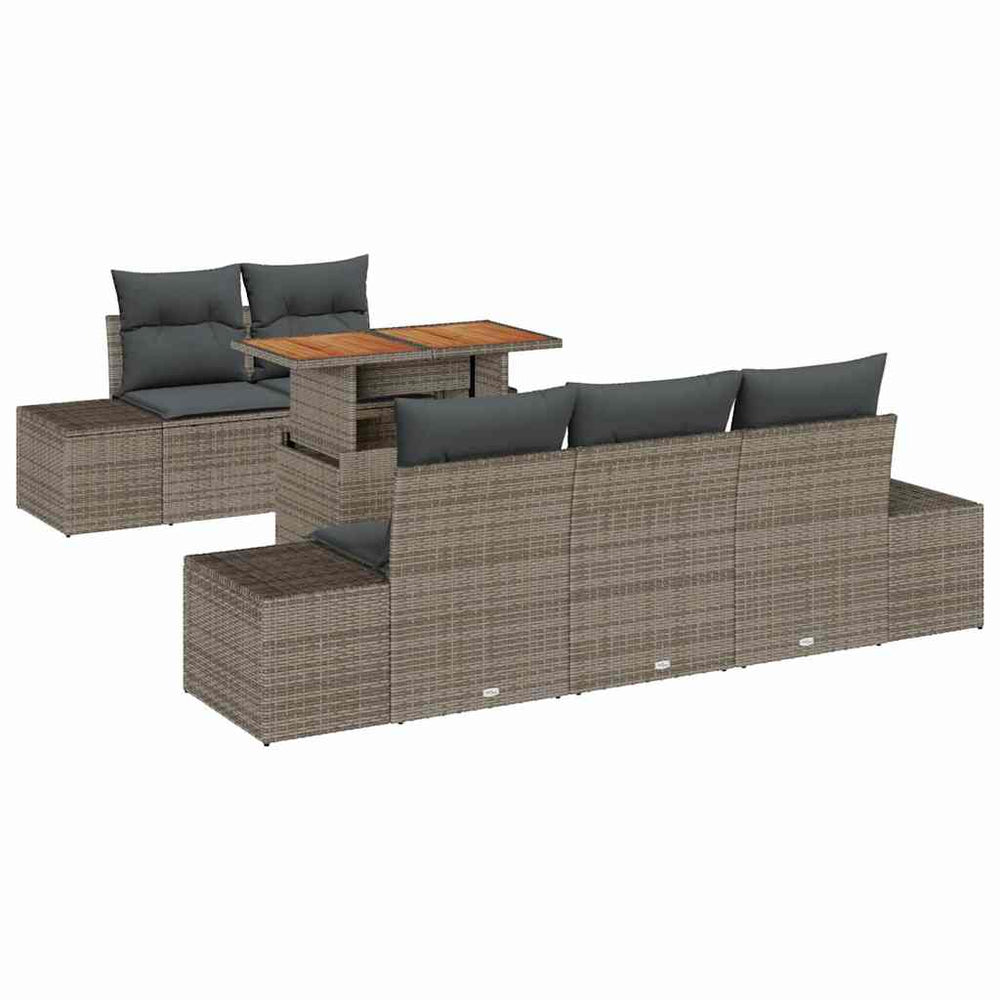 6-piece garden dining set with grey cushions, poly rattan and acacia
