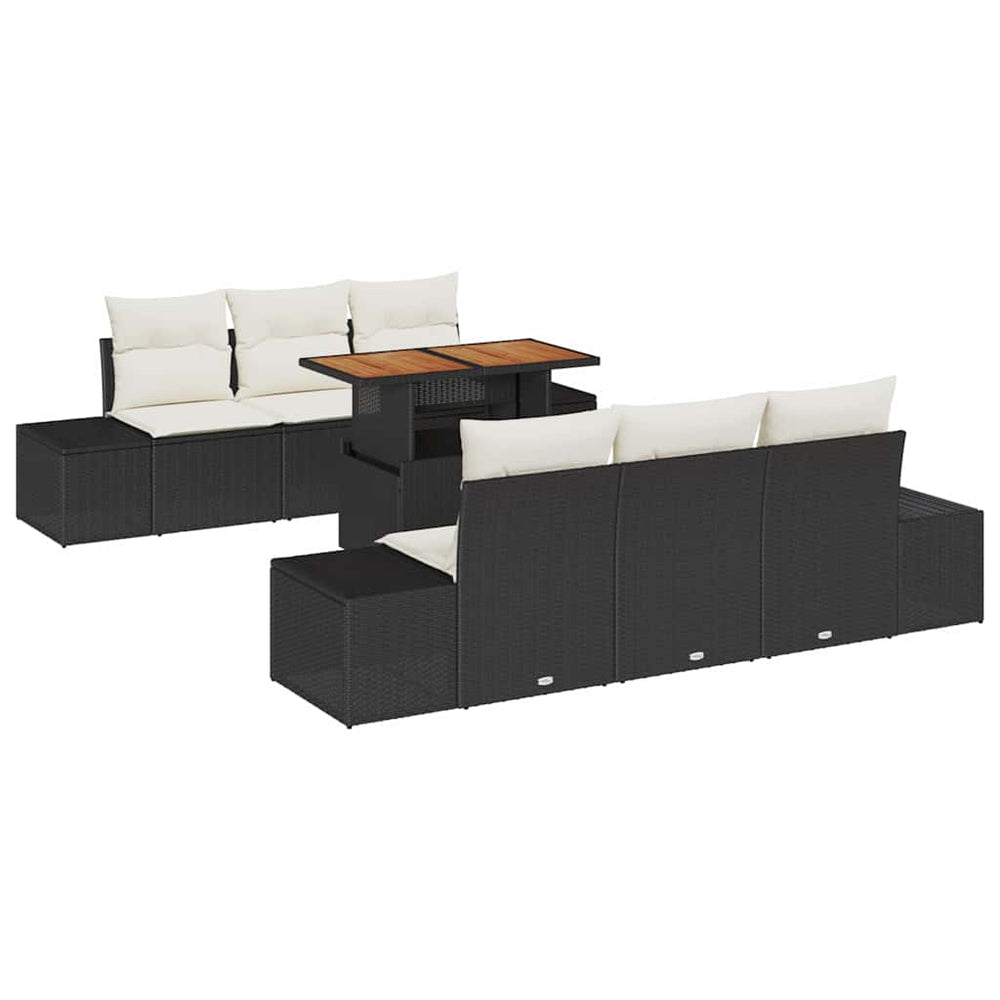 7-Piece Garden Dining Set with Cushions Black Poly Rattan Acacia