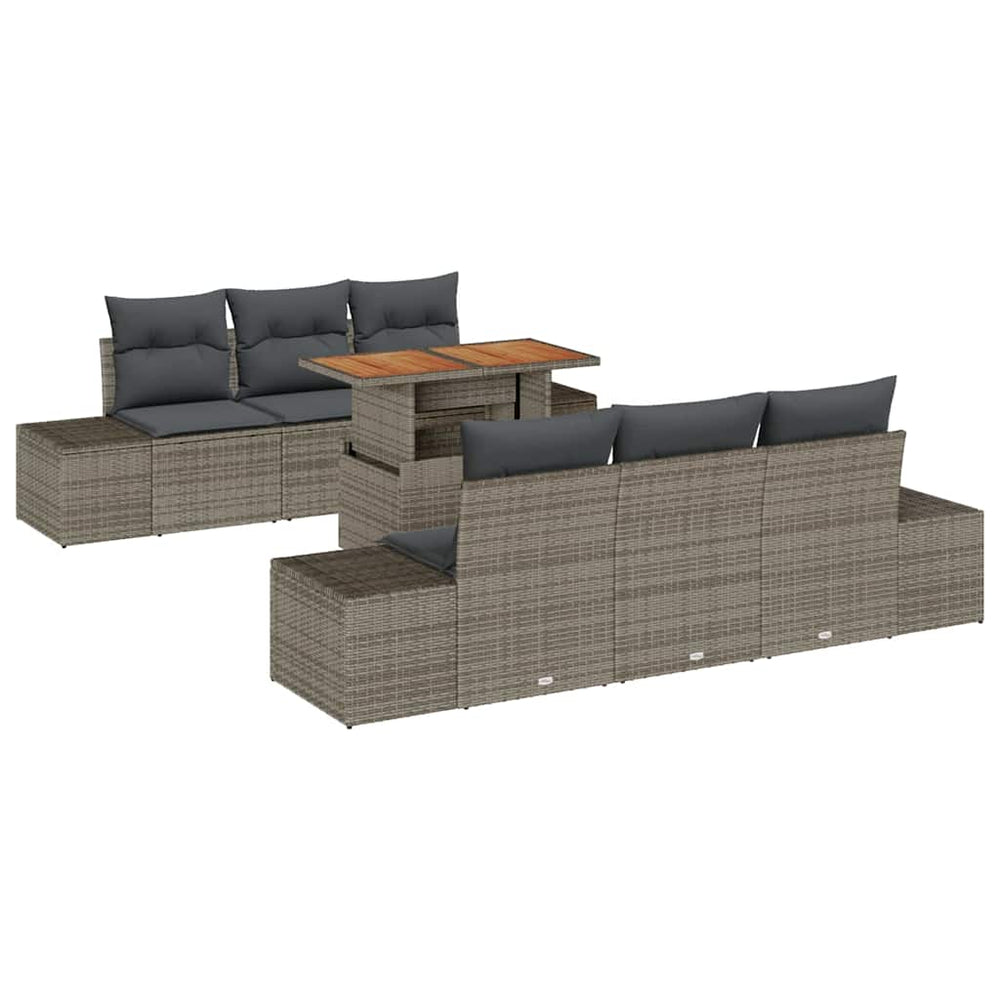 7-piece Garden Dining Set with Cushions, Grey Poly Rattan, Acacia Wood
