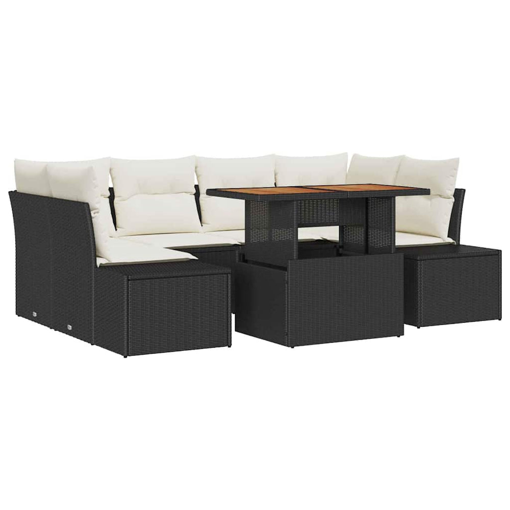 7-piece garden dining set with cushions, black poly rattan, acacia