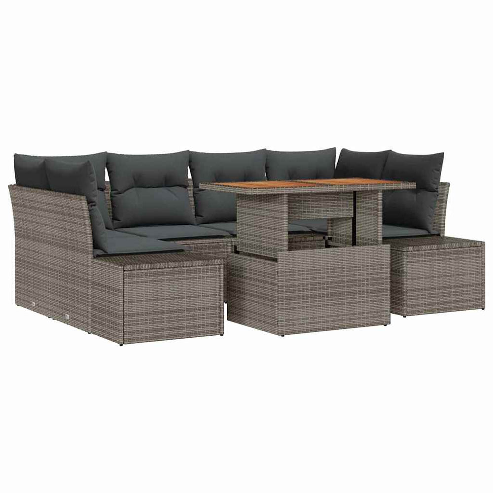 7-piece garden dining set with cushions, grey poly rattan, acacia