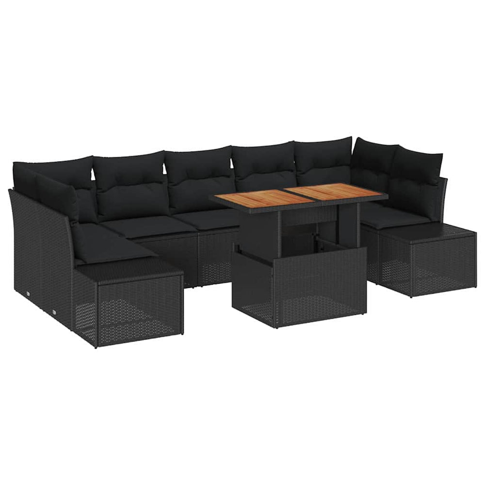 8-piece garden dining set with cushions, black poly rattan, acacia