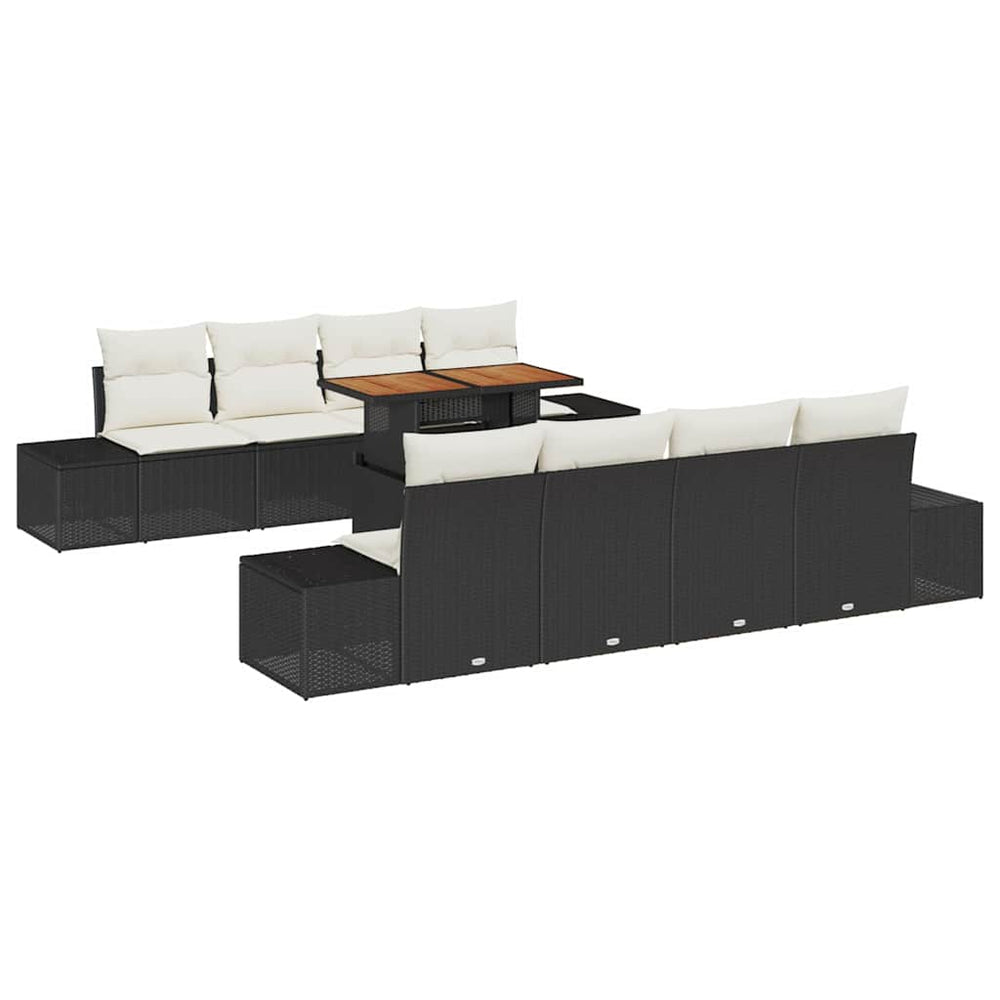 9-piece garden dining set with cushions, black poly rattan, acacia
