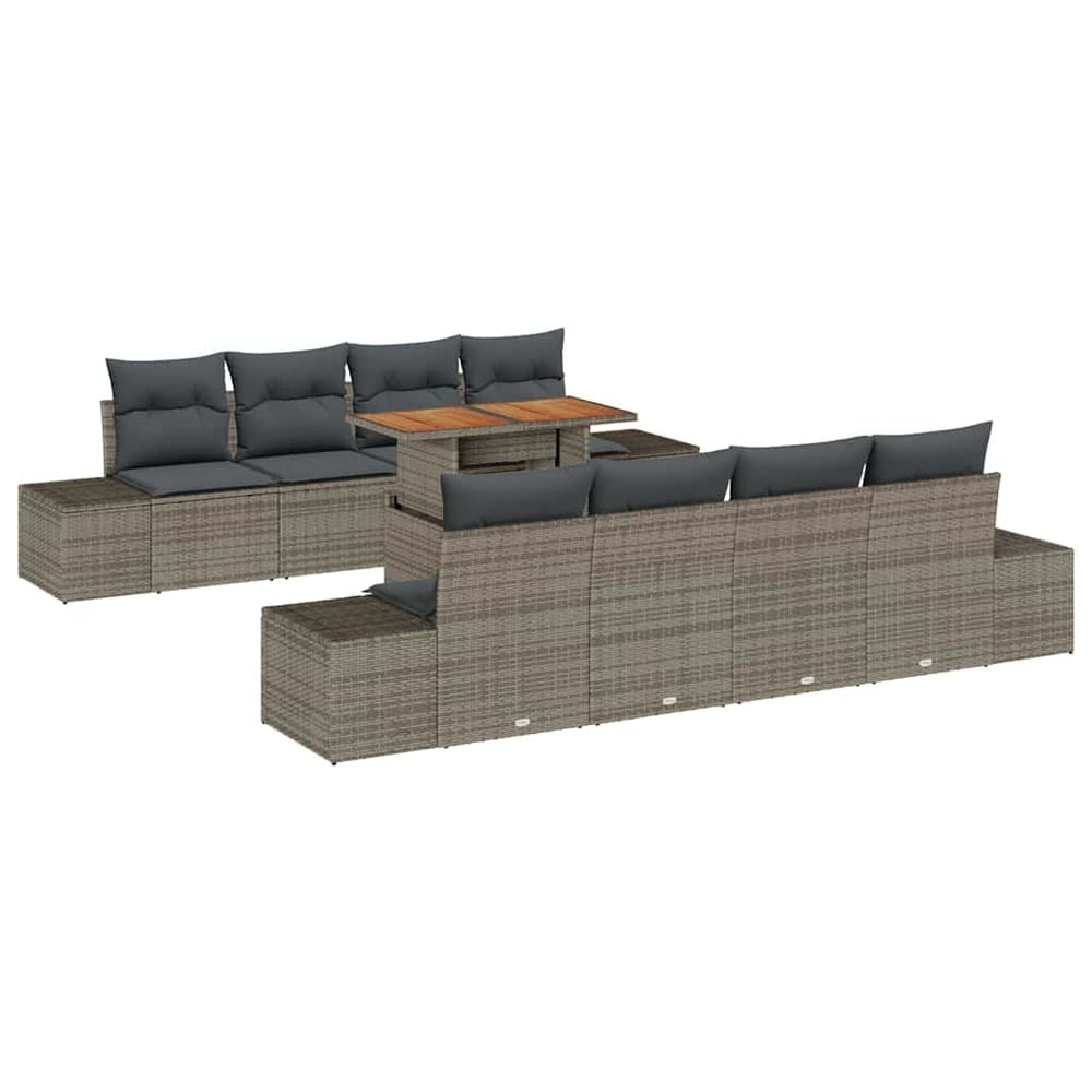 9-piece garden dining set with cushions, grey poly rattan, acacia