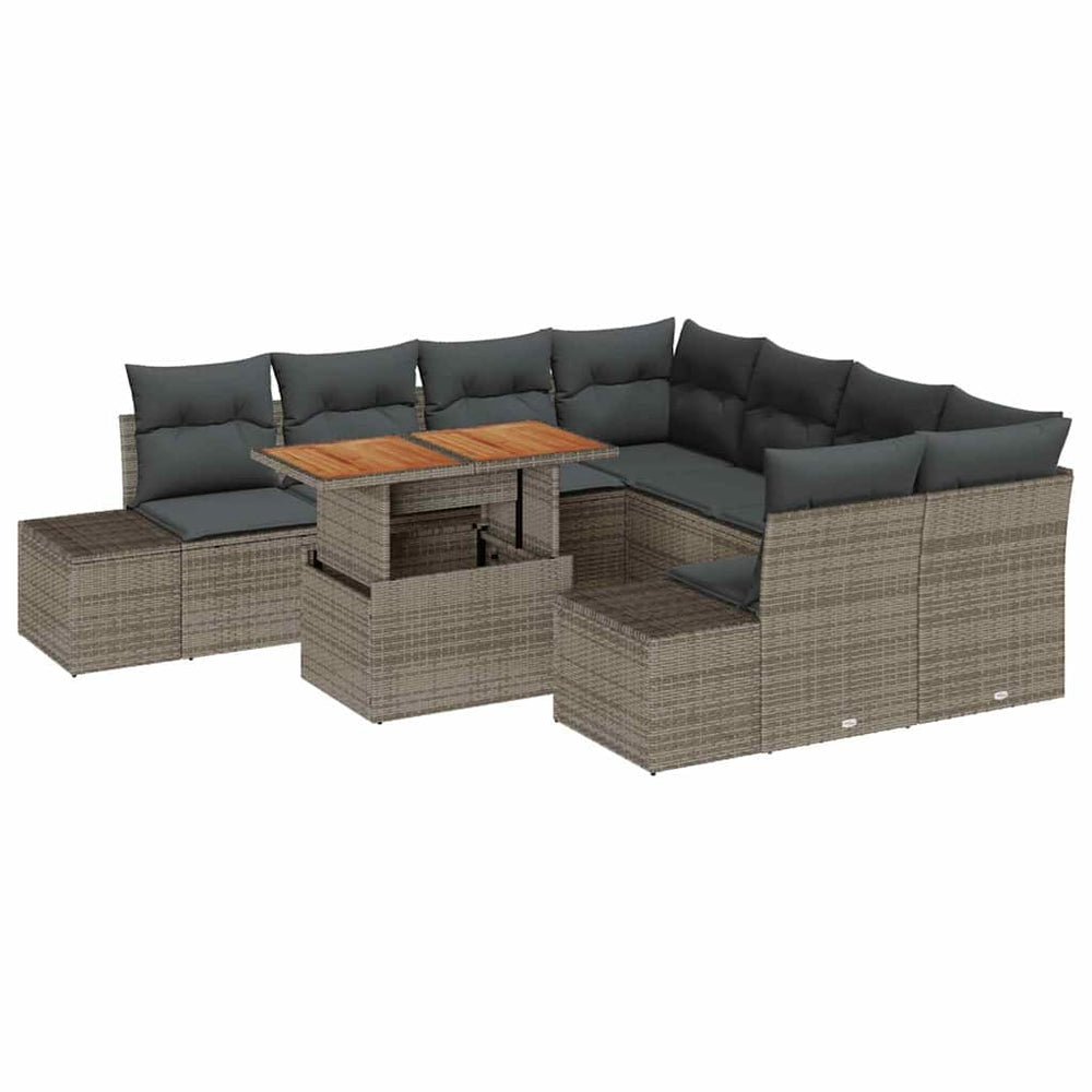 9-piece Garden Dining Set with Cushions, Grey, Poly Rattan, Acacia