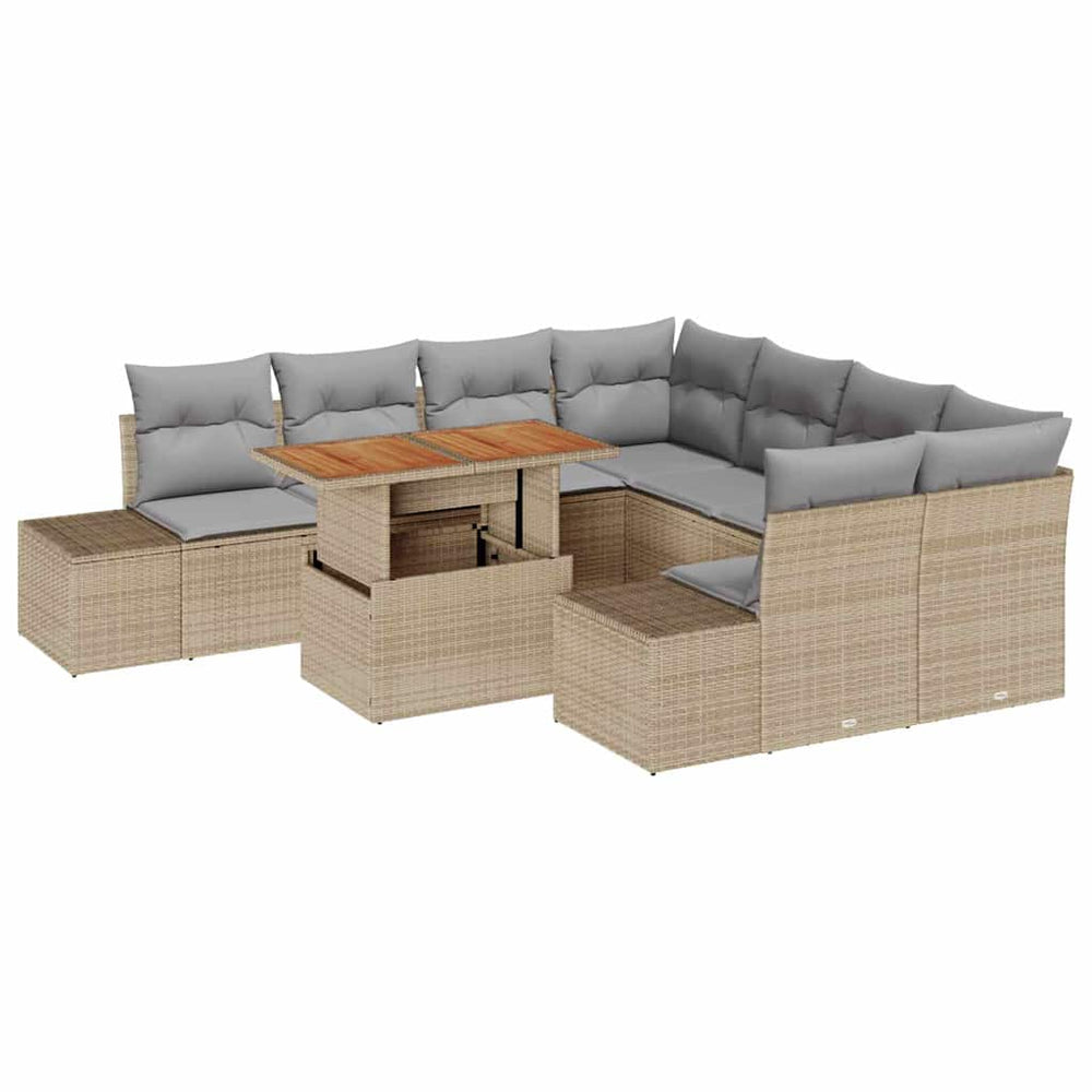 9-piece Garden Dining Set with Cushions, Beige Poly Rattan, Acacia Wood