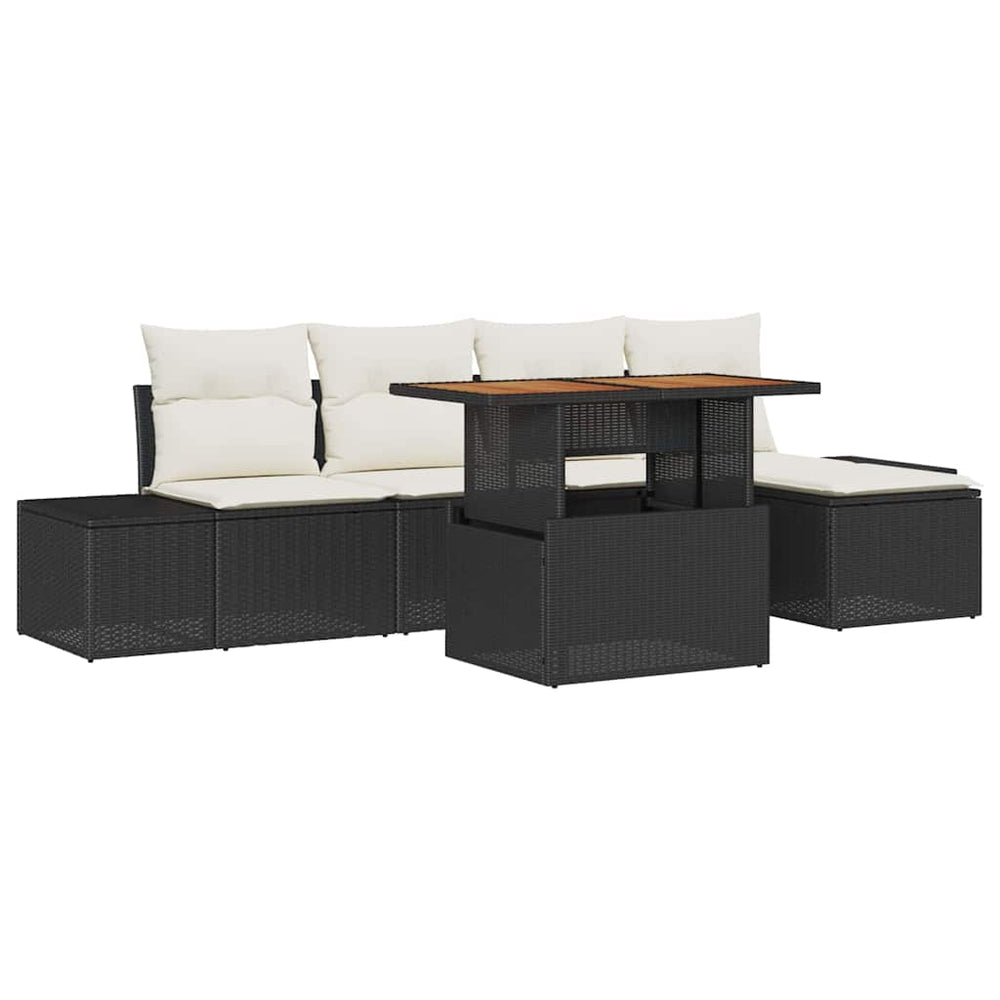 6-piece garden dining set with cushions, black poly rattan, acacia wood