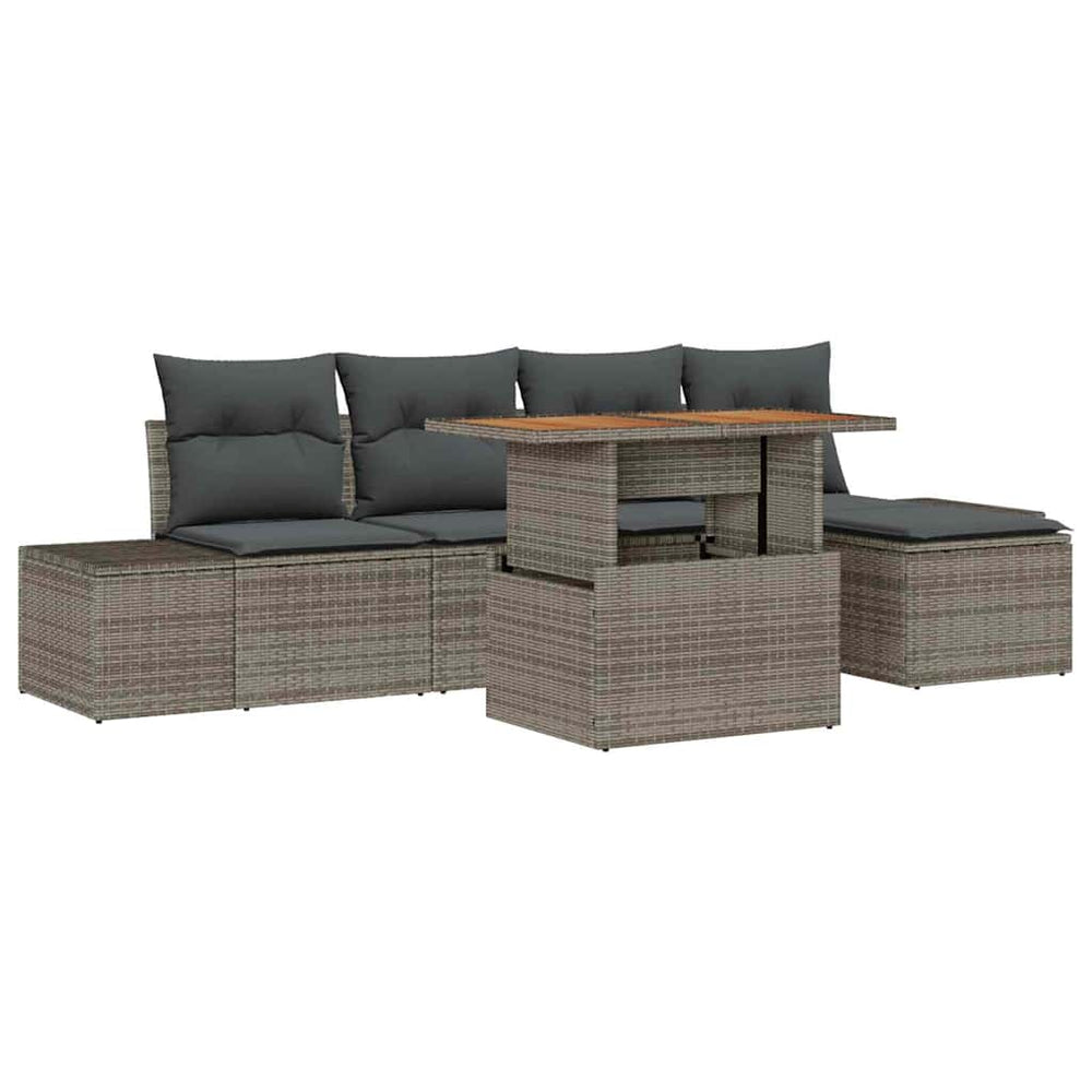 6-piece Garden Dining Set with Cushions, Grey Poly Rattan, Acacia