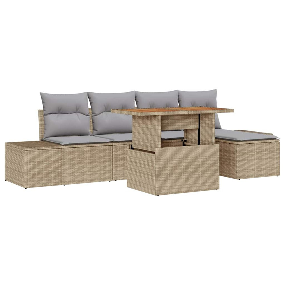 6-piece garden dining set with cushions, sand-coloured poly rattan, acacia