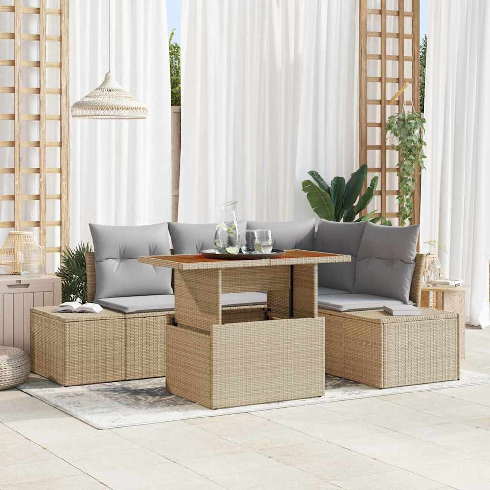 5 dalių sodo valgomojo komplektas su pagalvėlėm – bežkė poly rattan, akacija