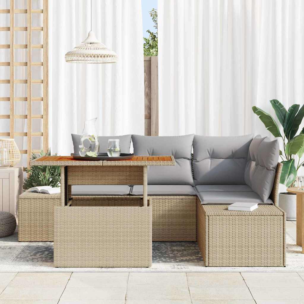 5 dalių sodo valgomojo komplektas su pagalvėlėm – bežkė poly rattan, akacija