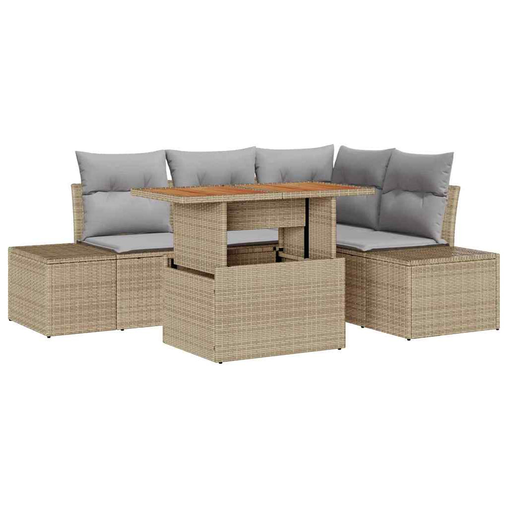 5 dalių sodo valgomojo komplektas su pagalvėlėm – bežkė poly rattan, akacija