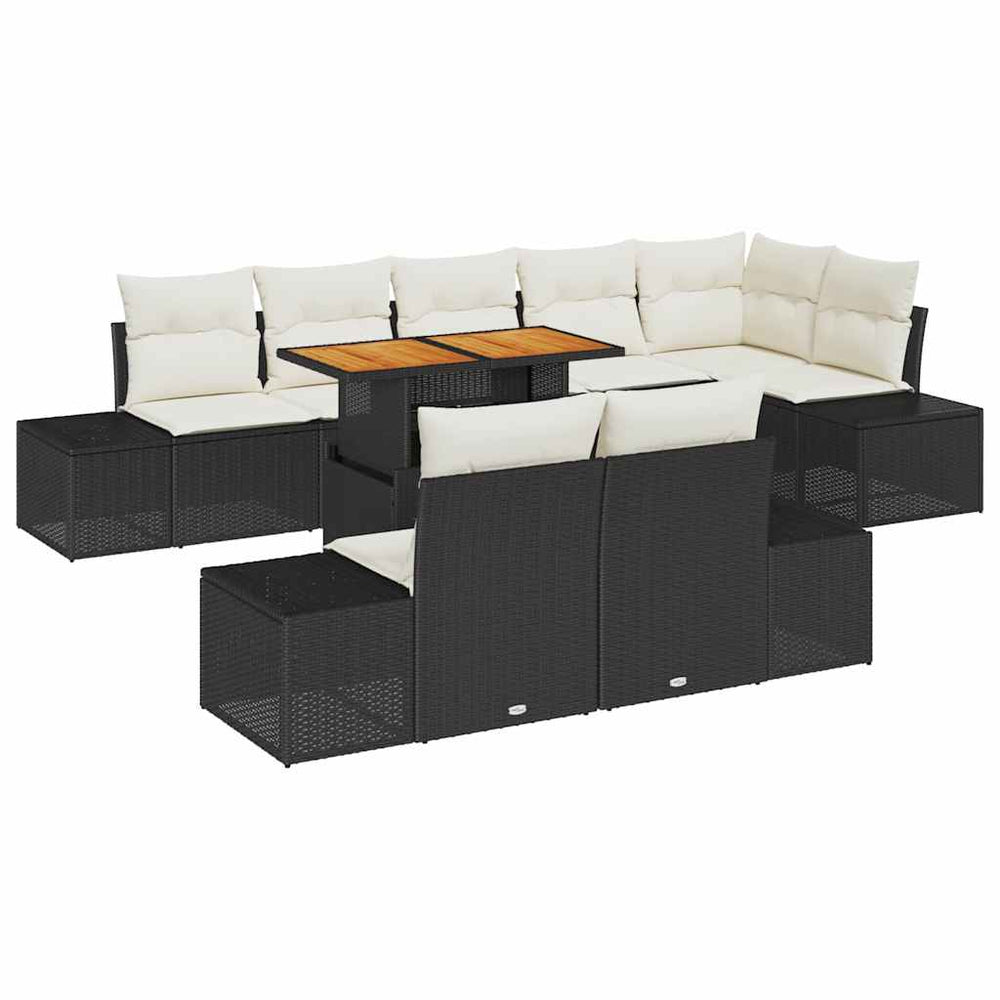 9-piece garden dining set with cushions, black poly rattan and acacia wood