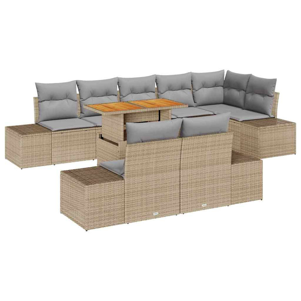 9-piece garden dining set with cushions in sand-colored poly rattan and acacia.