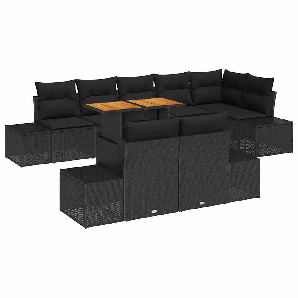 9-piece Garden Dining Set with Cushions, Black Poly Rattan, Acacia