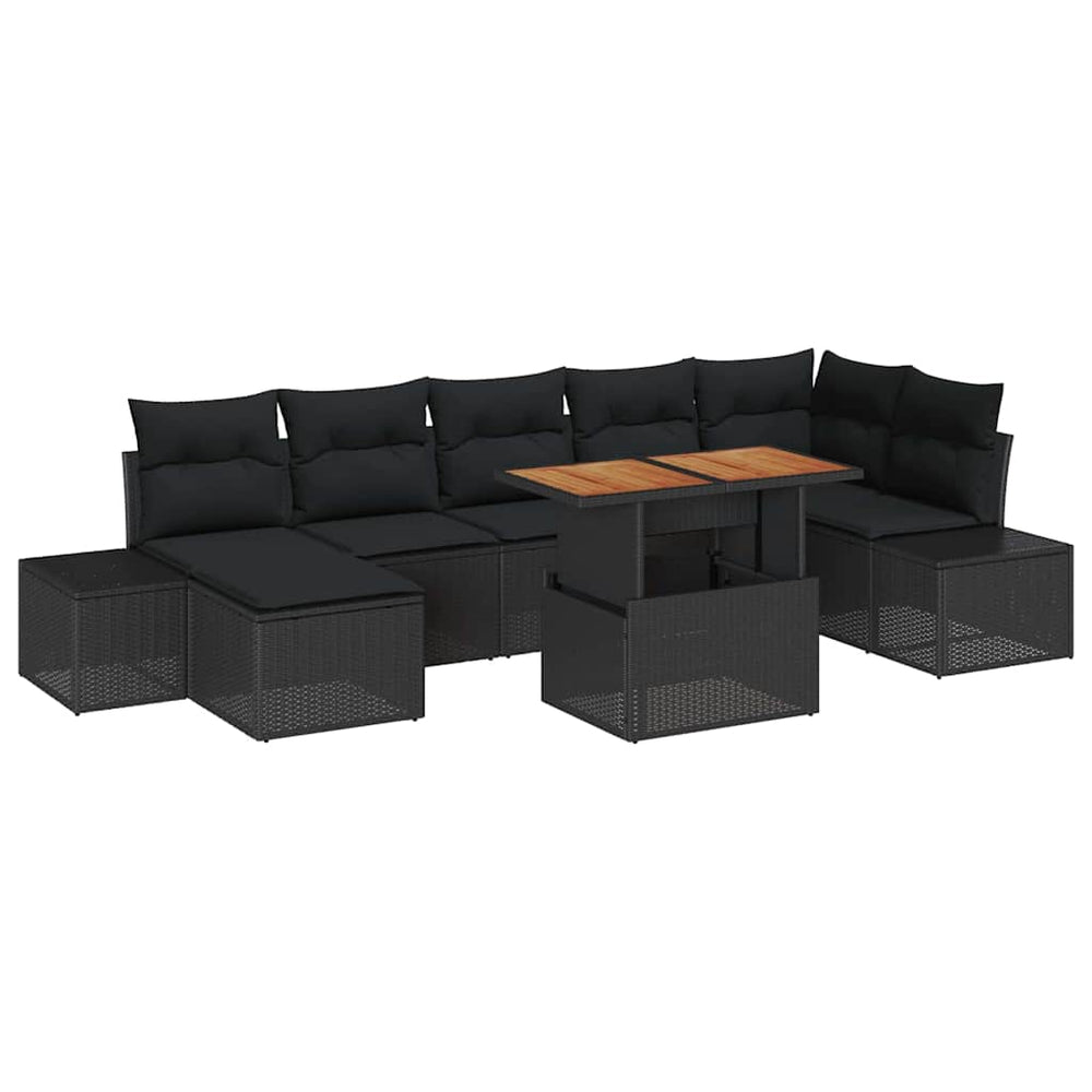 8-piece garden dining set with cushions, black polished rattan, acacia