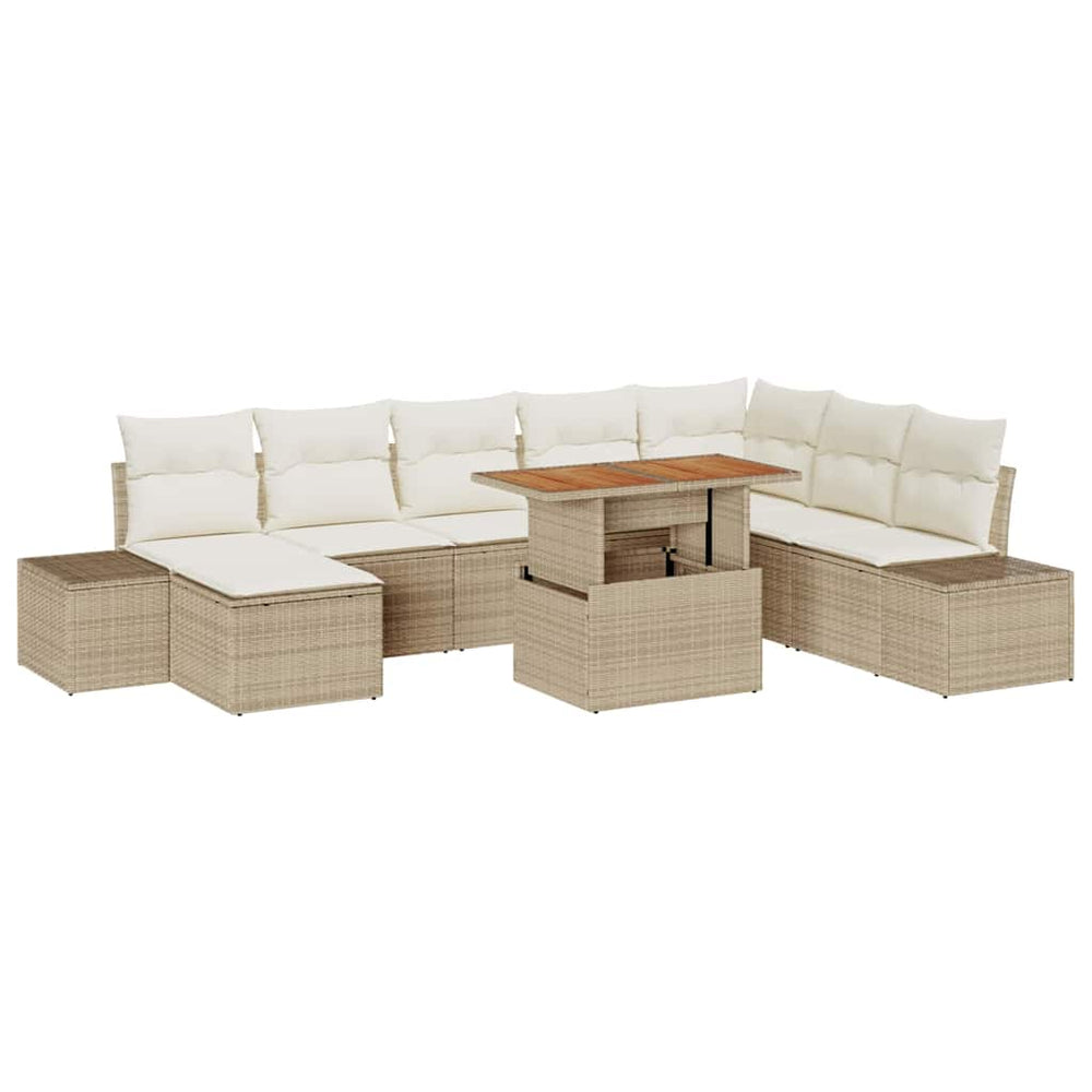 9-piece garden dining set with cushions, beige, poly rattan, acacia