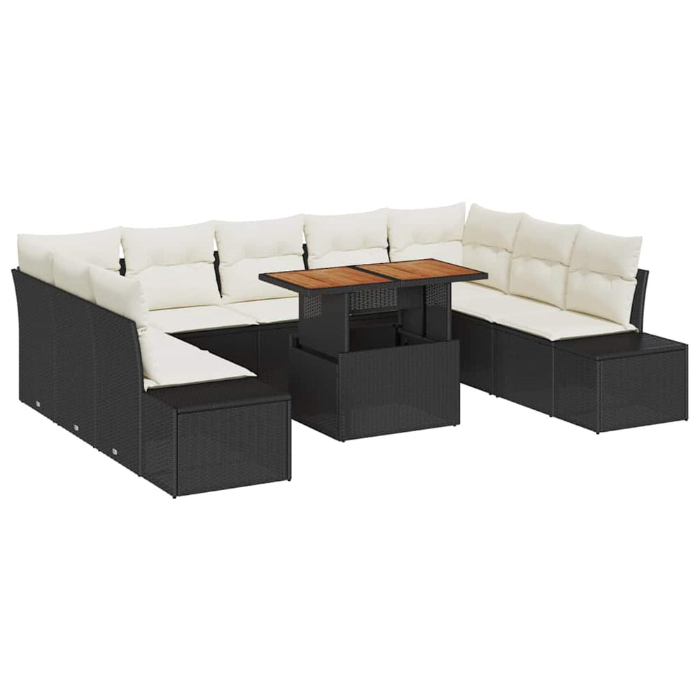 10-piece garden dining set with cushions, black polyrattan acacia