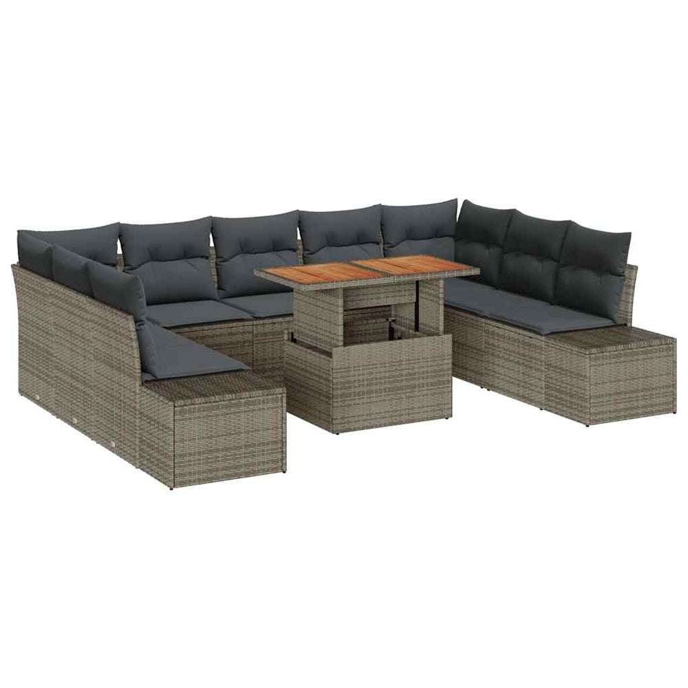 10-piece garden dining set with cushions grey poly rattan acacia