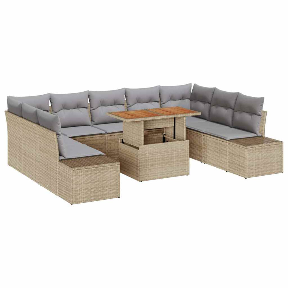 10-piece garden dining table with cushions sand poly rattan acacia